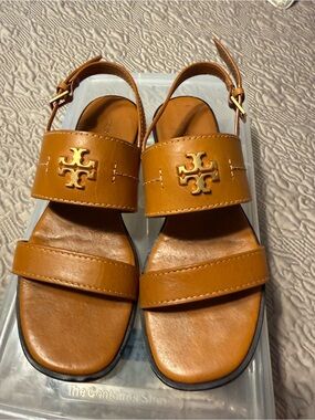 Tory Burch Cognac Leather Logo Strap Sandals